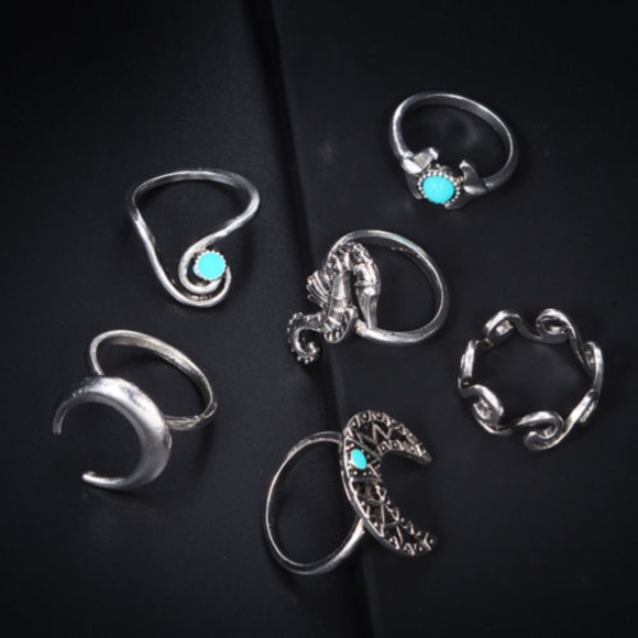 6Pcs Crescent Moon Seahorse Turquoise Ring Set - Picture 4 of 5
